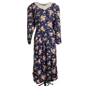 Vintage Betsys Things Prairie Dress Womens Large Floral Lace Neckline Romantic